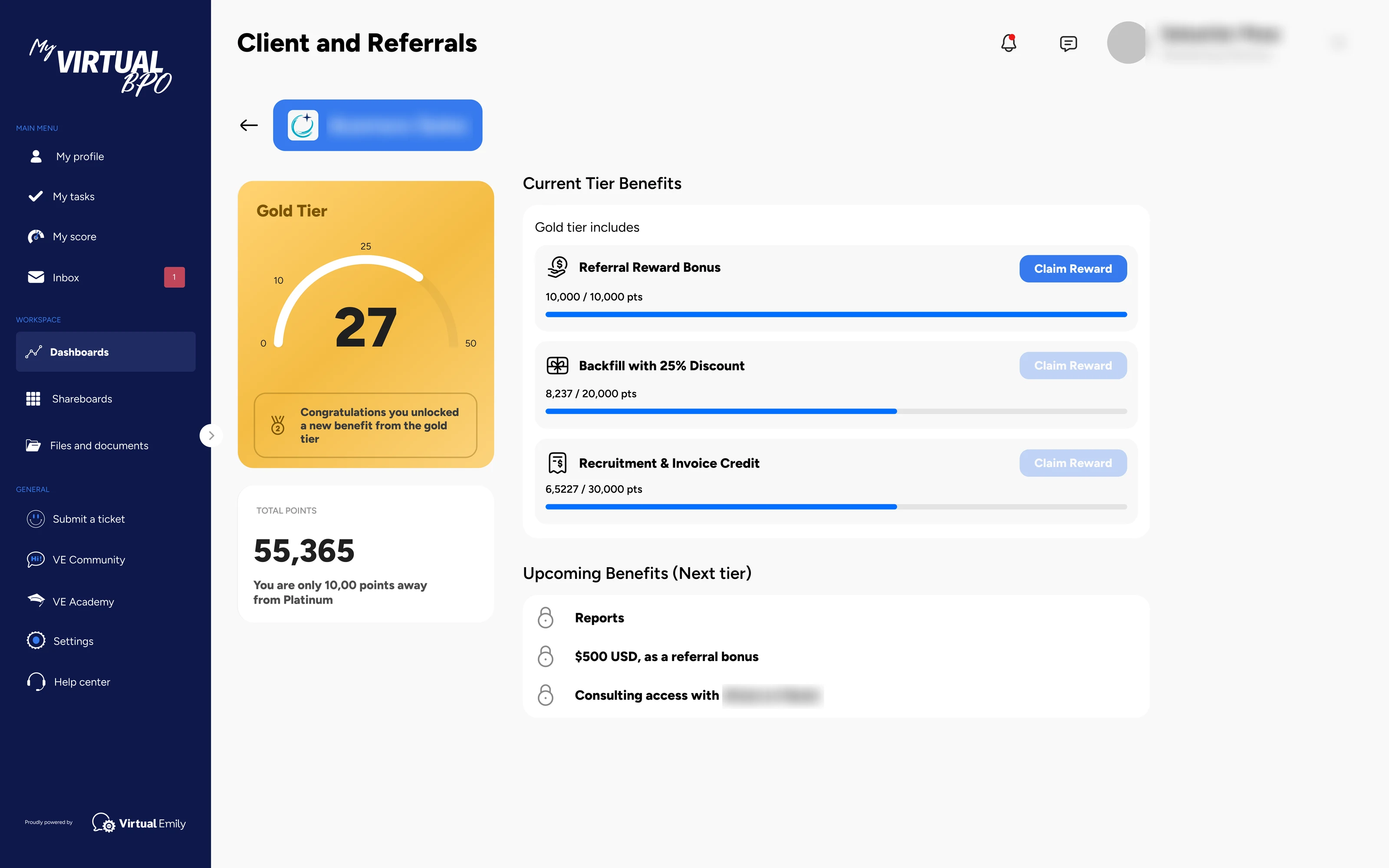 Client tier page with a gold tier gauge, total points, current tier benefits with claim buttons and progress bars, and upcoming benefits for the next tier